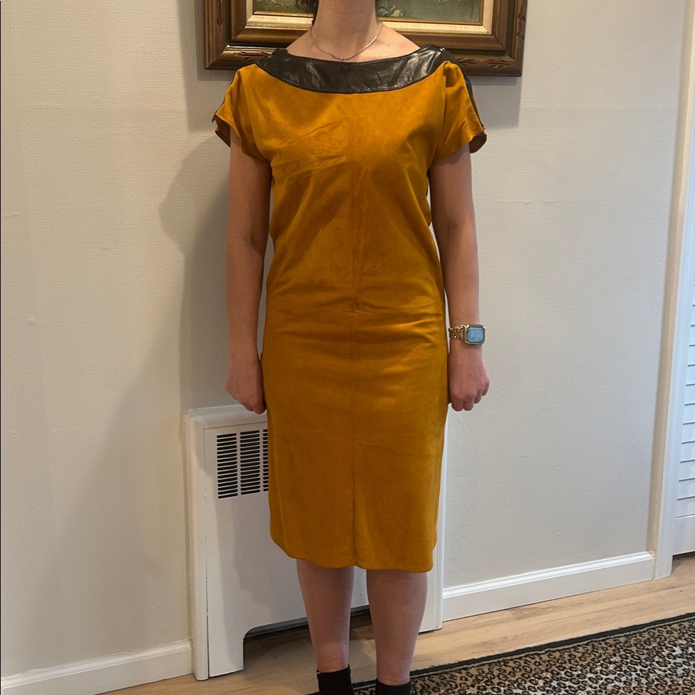 Liz Roberts Robert Elliot Dress in Mustard and Black leather suede size Medium